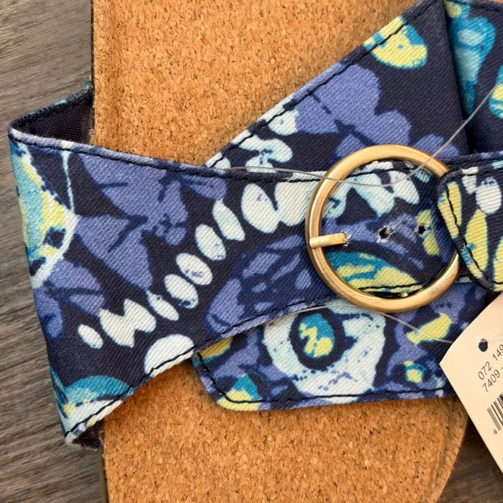 NEW Aerie Womens 6 Floral Buckle Slide Sandals Blue Yellow Cork Beach Coastal